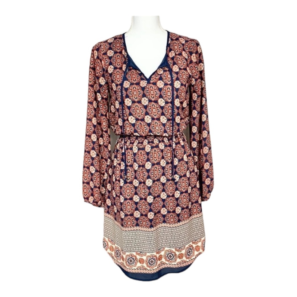 Daniel Rainn Navy Blue Orange Cream Long Sleeve Dress Size XS